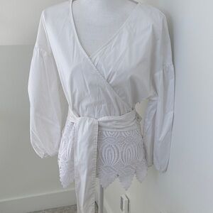 White House Black Market white Wrap Top with Lace Detail